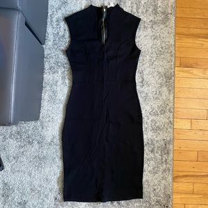 High neck black mid length pencil dress